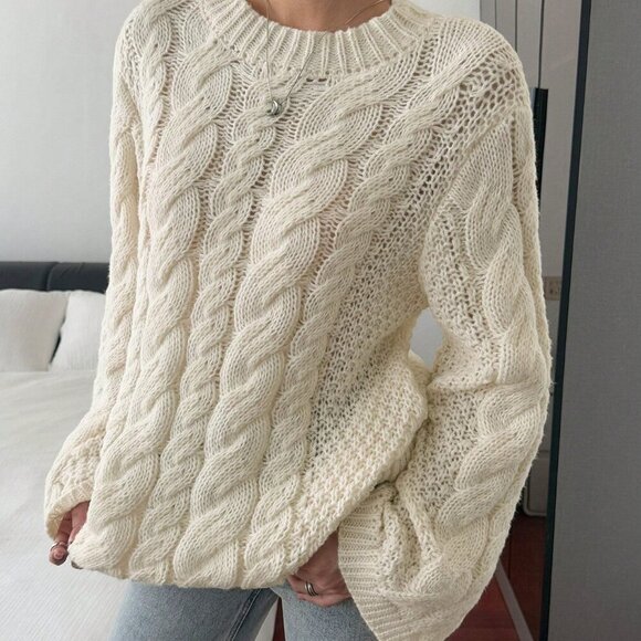 White Casual Women's Hemp Pattern Round Collar Wide Sleeve Long Sleeve Sweater - Picture 9 of 9